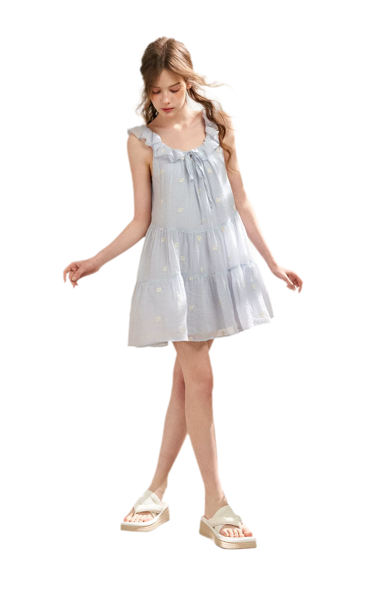 Tencel Embroidered Ruffle A-line Dress