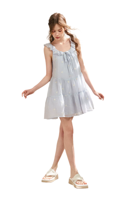 Tencel Embroidered Ruffle A-line Dress