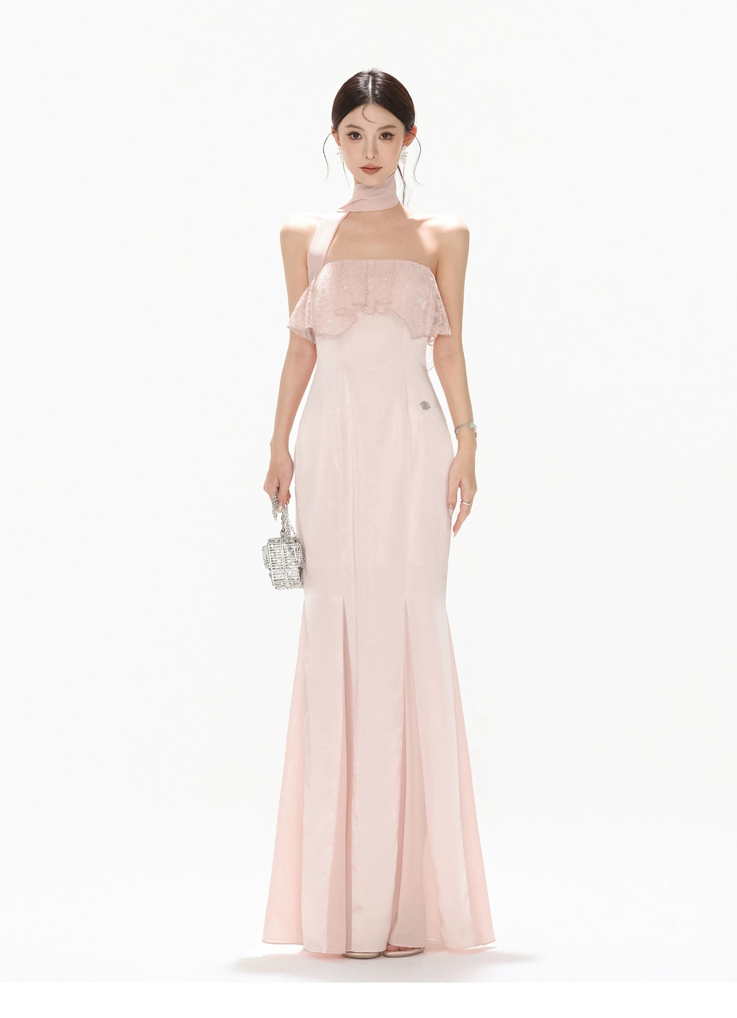 Champagne Pink Lace Fishtail Strapless Long Dress Champagne Pink / L