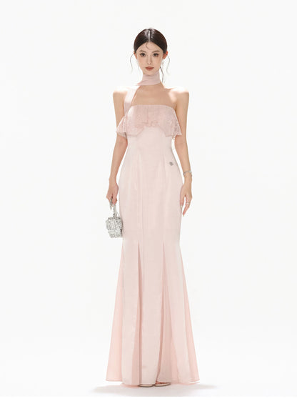 Champagne Pink Lace Fishtail Strapless Long Dress