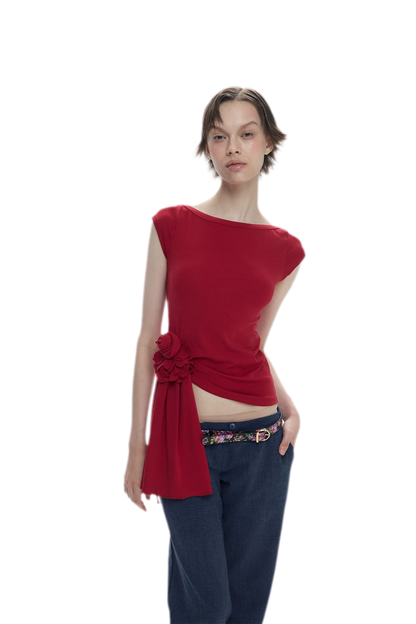 Asymmetric Flower Short Sleeve Top