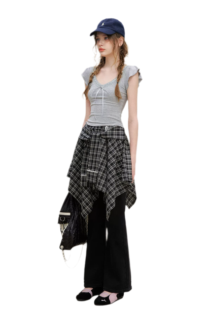 Asymmetric Lace Patchwork Plaid Skirt/Top