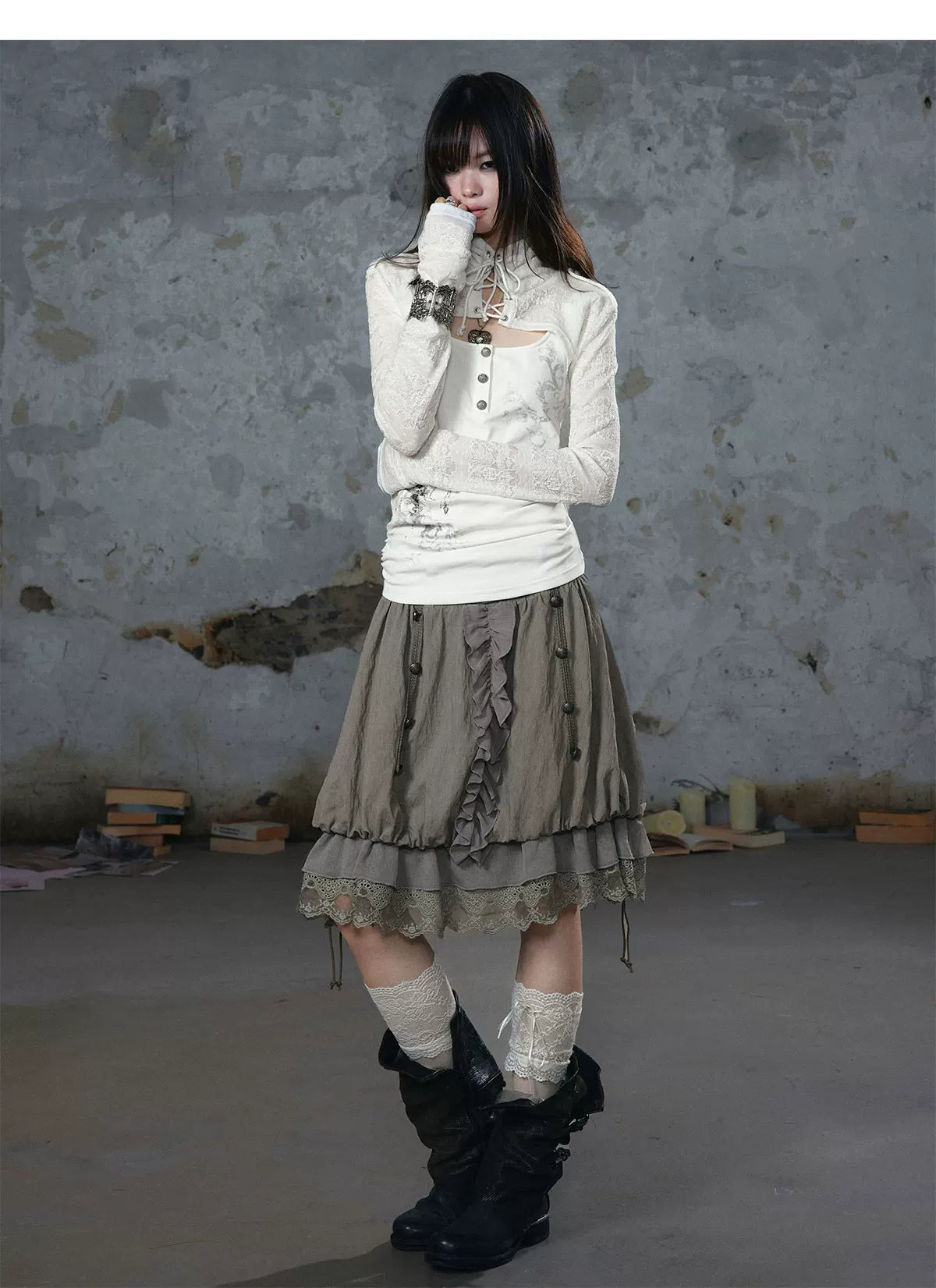 Silver Foil Gothic Lace-Up Top