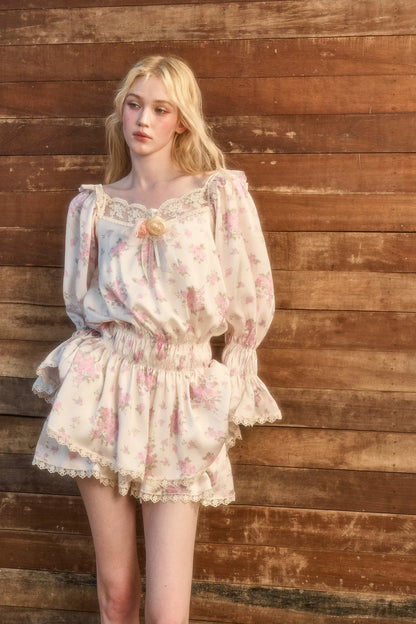Floral Lace Puff-Sleeve Dress Set