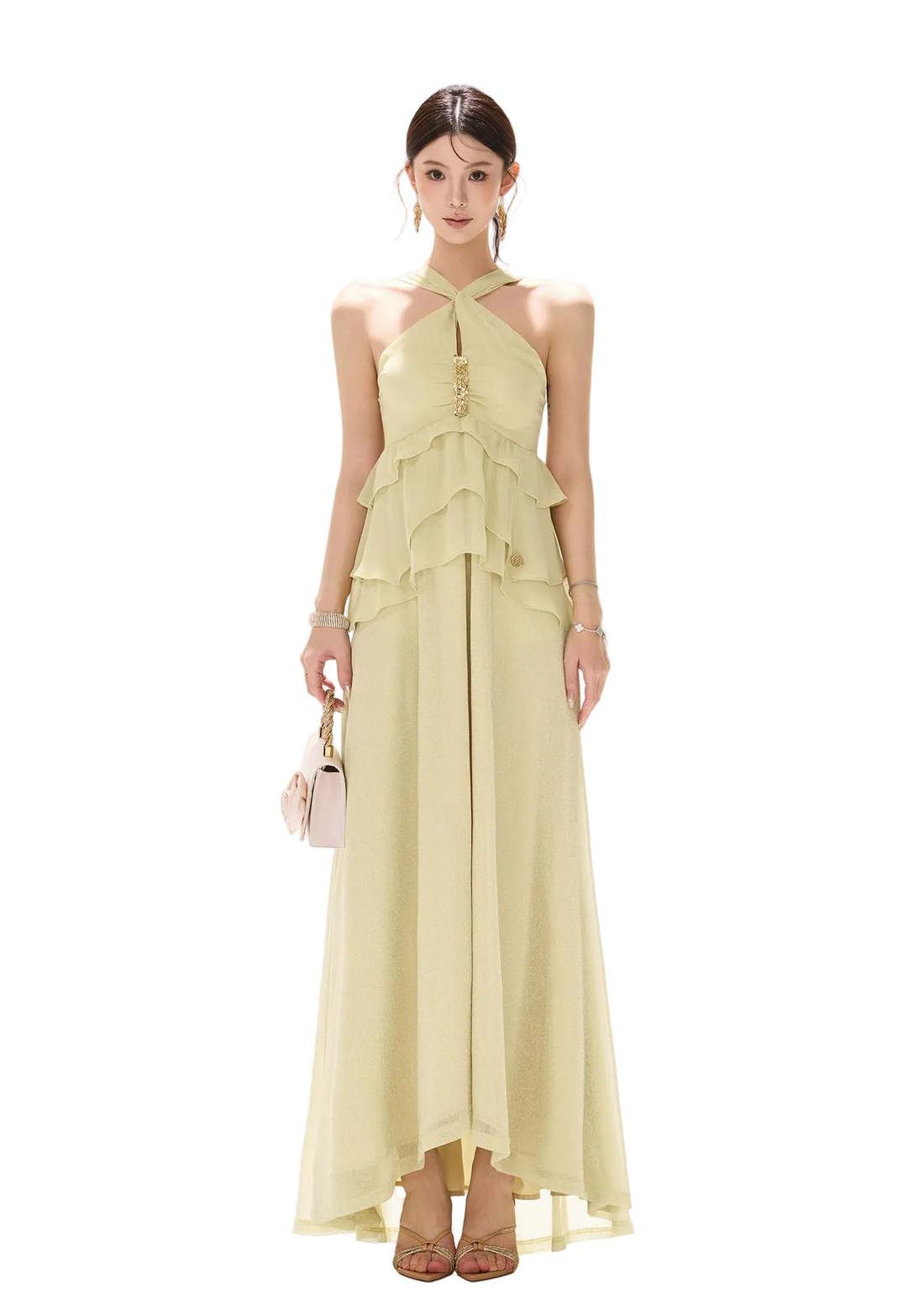 Flowing Sheer Halter Rhinestone Chiffon Long Dress
