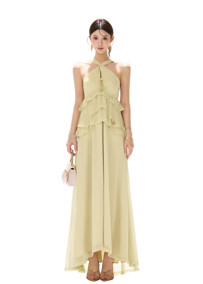 Flowing Sheer Halter Rhinestone Chiffon Long Dress