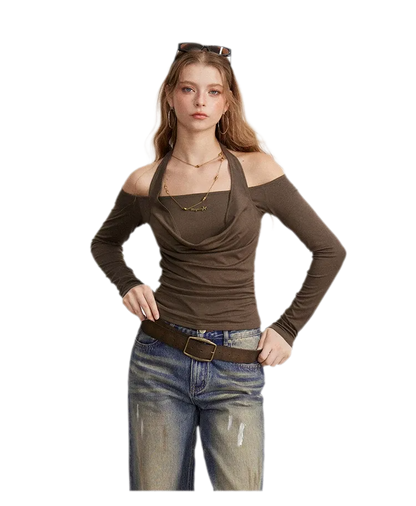 Draped Off-Shoulder Long-Sleeve Top