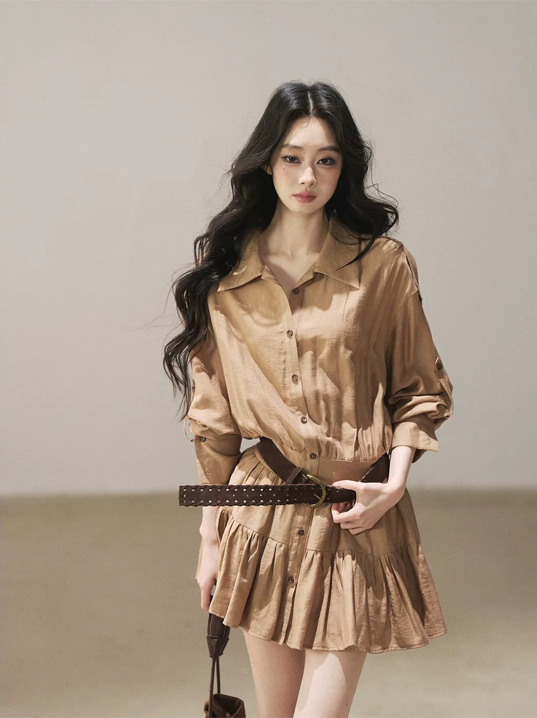 High-Waist Ruffle Shirt Dress