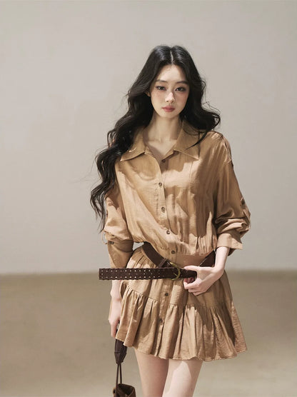 High-Waist Ruffle Shirt Dress