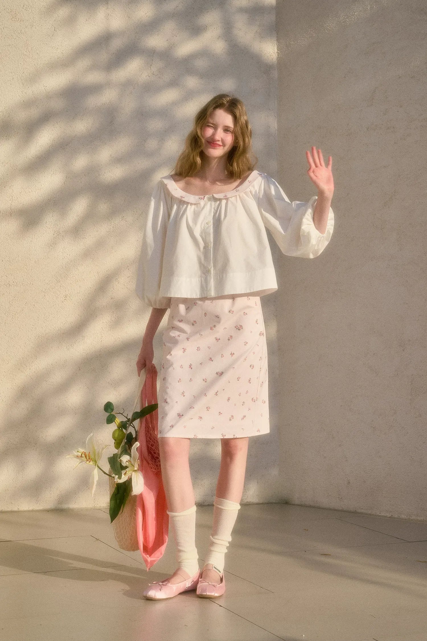 Floral Puff-Sleeve Blouse Skirt Set