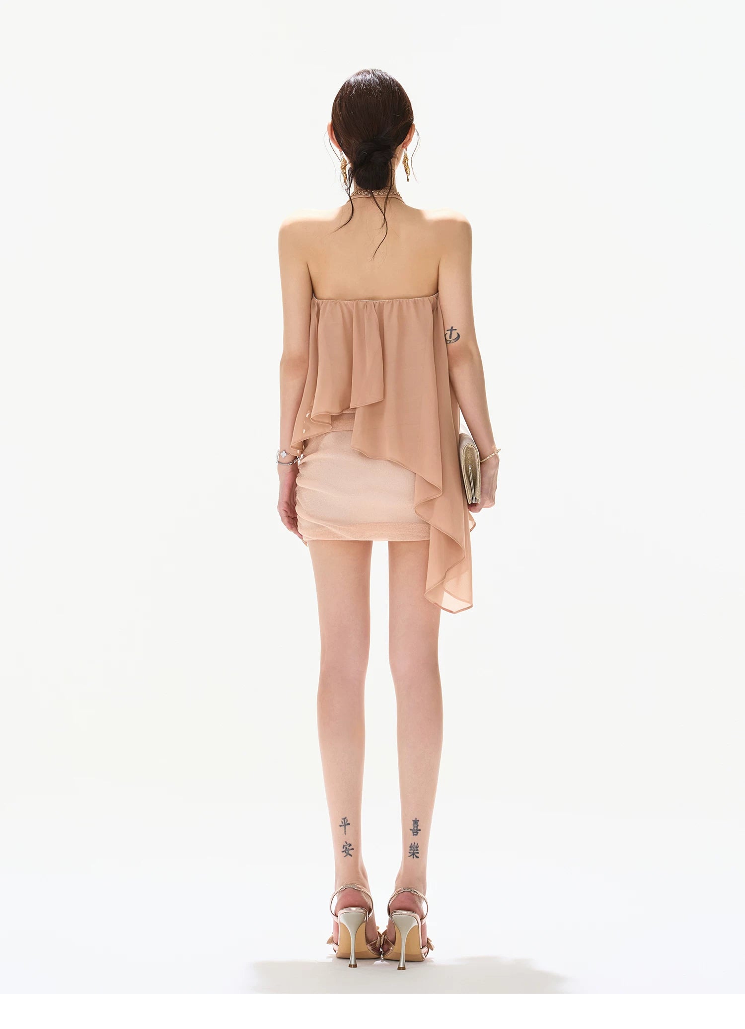 Floating Light Halter V-Neck Beaded Chiffon Dress