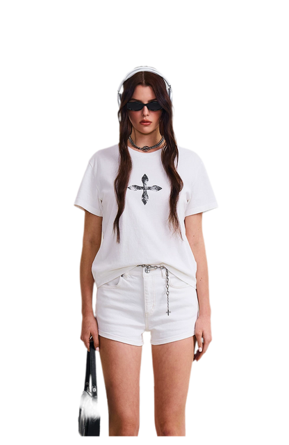 Vintage Washed Cross Embroidered Tee