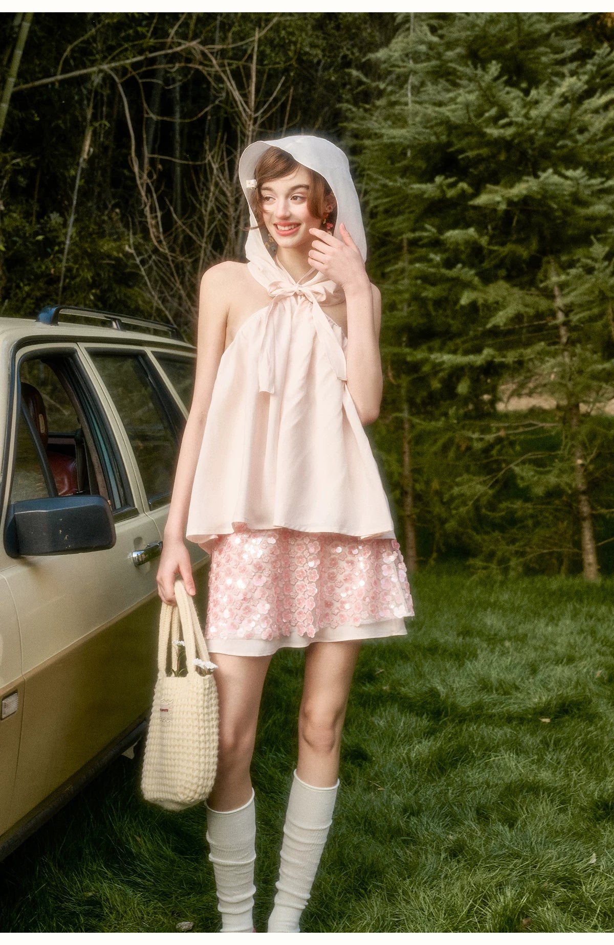 Babypink Satin Ribbon Top &amp; Sequin Skirt Set