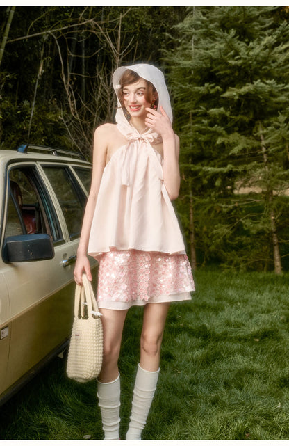 Babypink Satin Ribbon Top &amp; Sequin Skirt Set