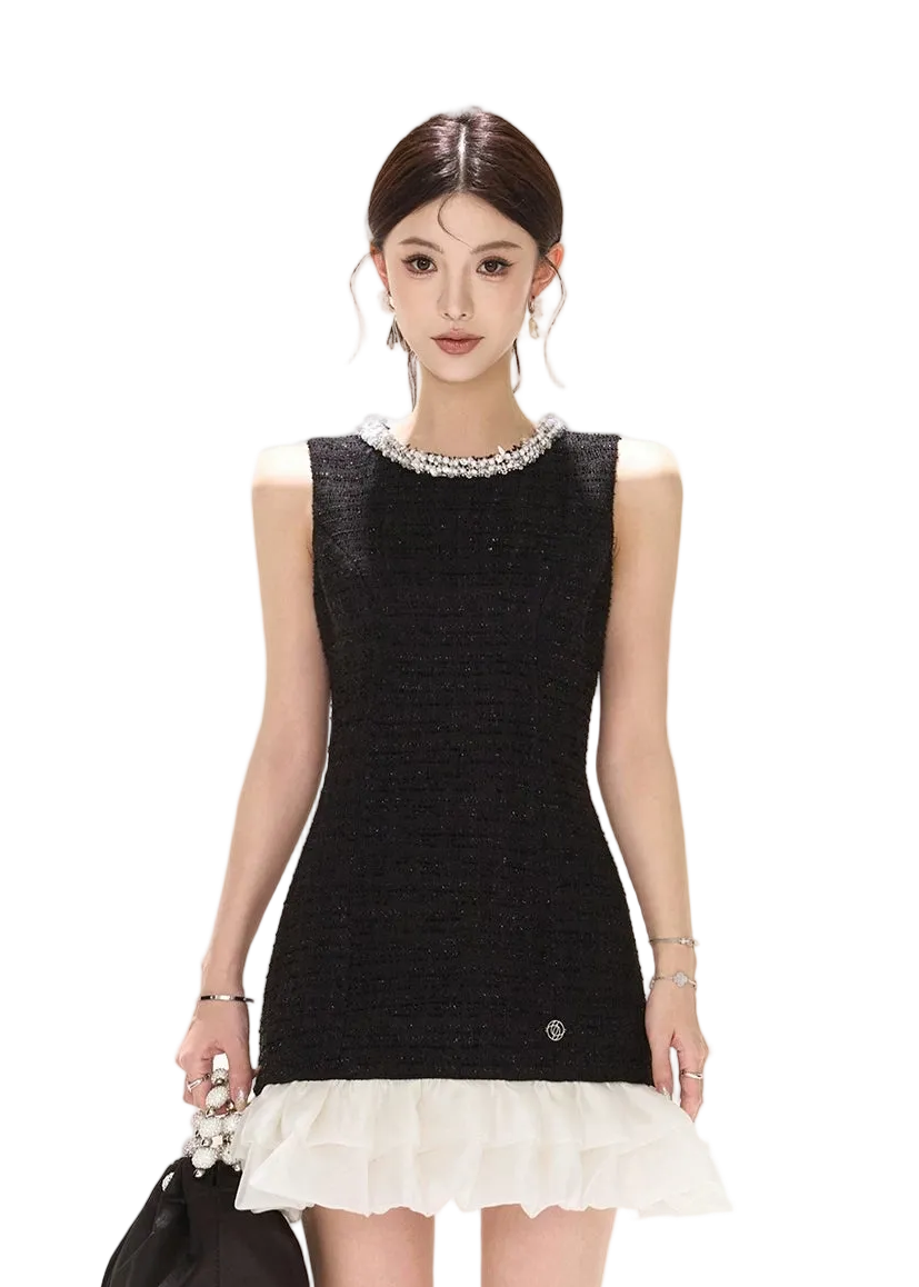 Diamond Neckline Ruffled Sleeveless Waist-Cinching Dress