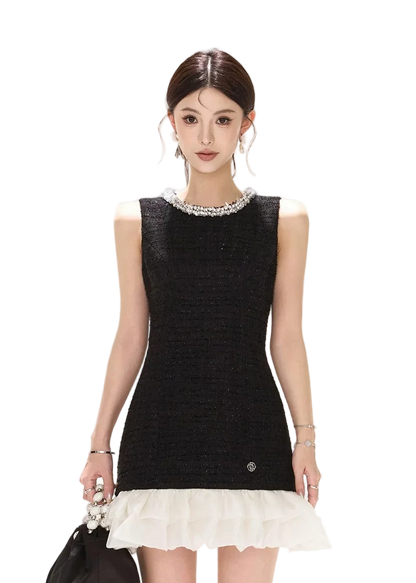 Diamond Neckline Ruffled Sleeveless Waist-Cinching Dress