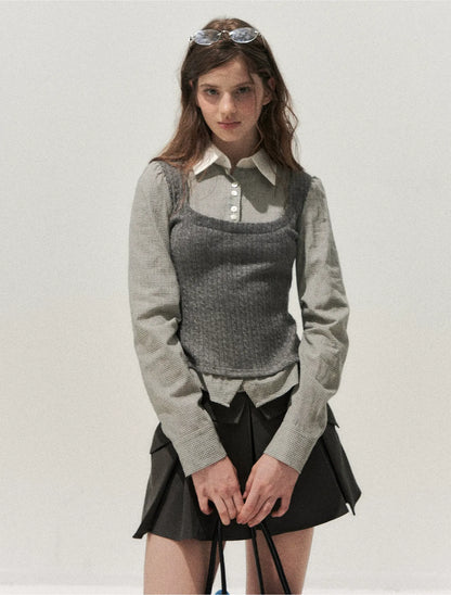 Cable-Knit Layered Shirt Vest