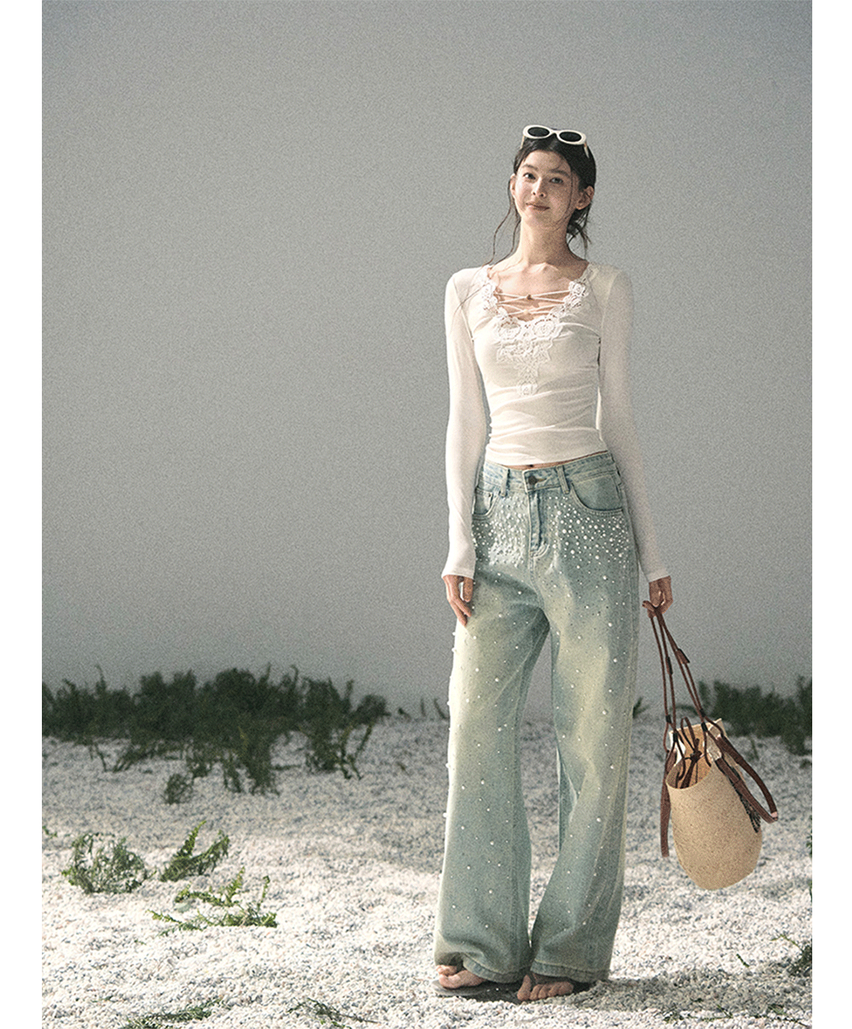 Washed Pearl Wide-Leg Jeans