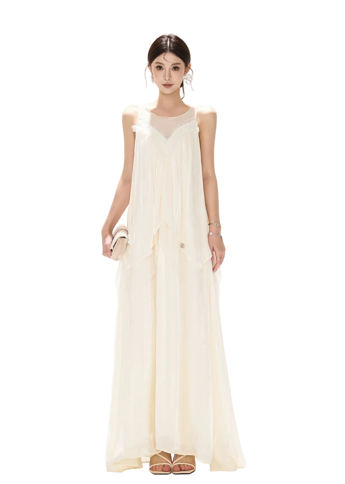 Sleeveless Mesh Ruffle Long Dress