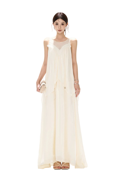 Sleeveless Mesh Ruffle Long Dress