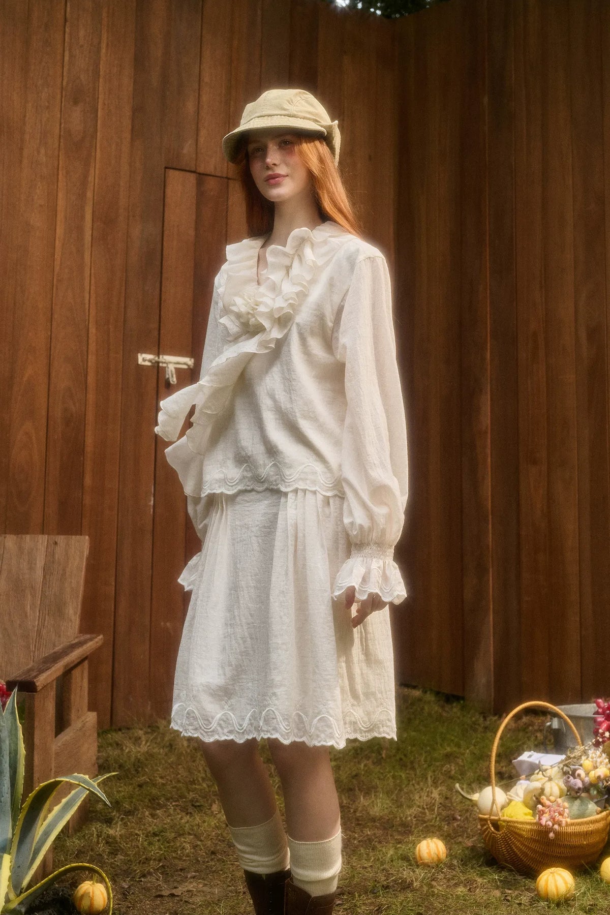 Embroidered Ruffle Blouse Skirt Set