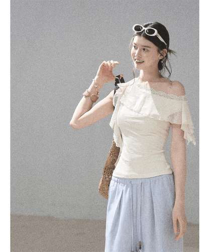 Lace One-Shoulder Crop Tee