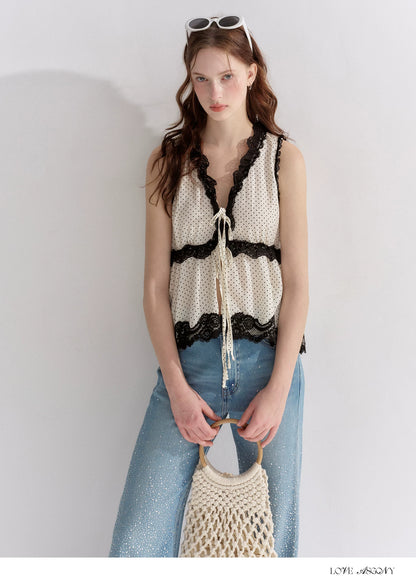 V-Neck Lace Polka Dot Waist-Defined Sleeveless Top