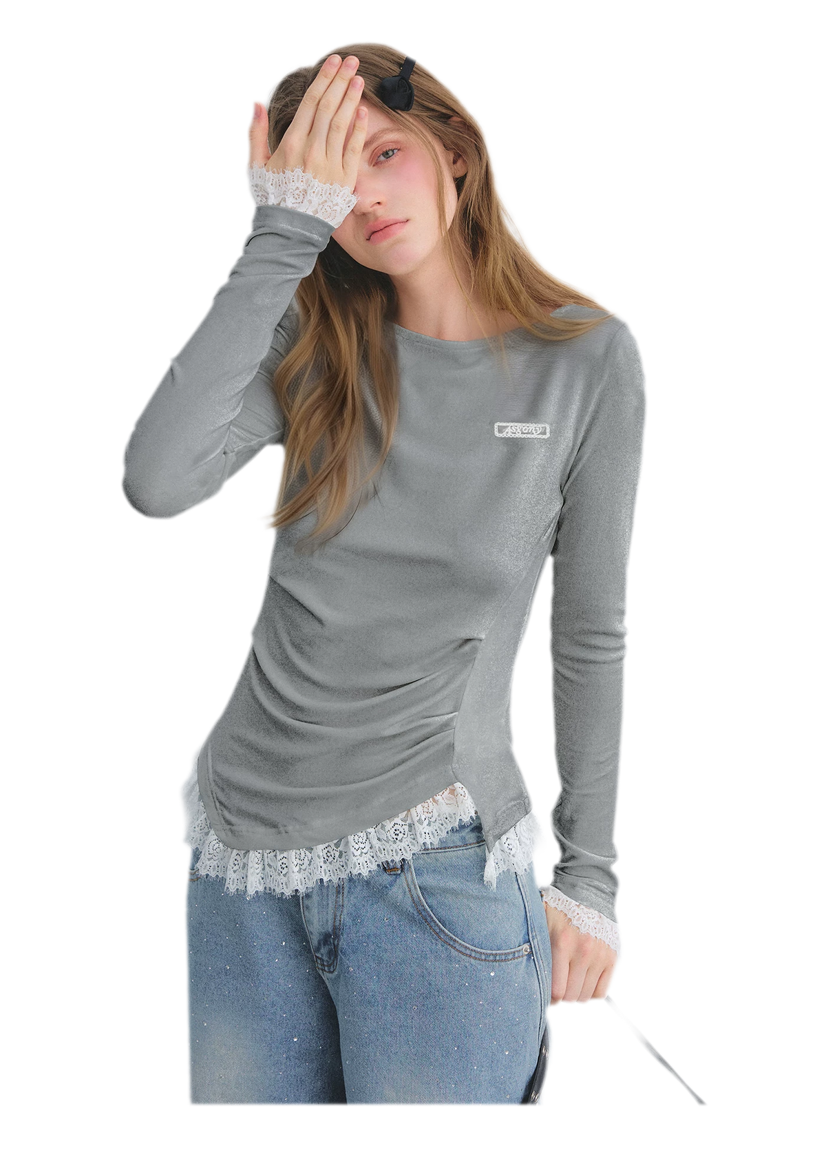 Lace Panel Ruched Hem Top