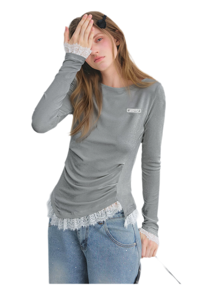 Lace Panel Ruched Hem Top