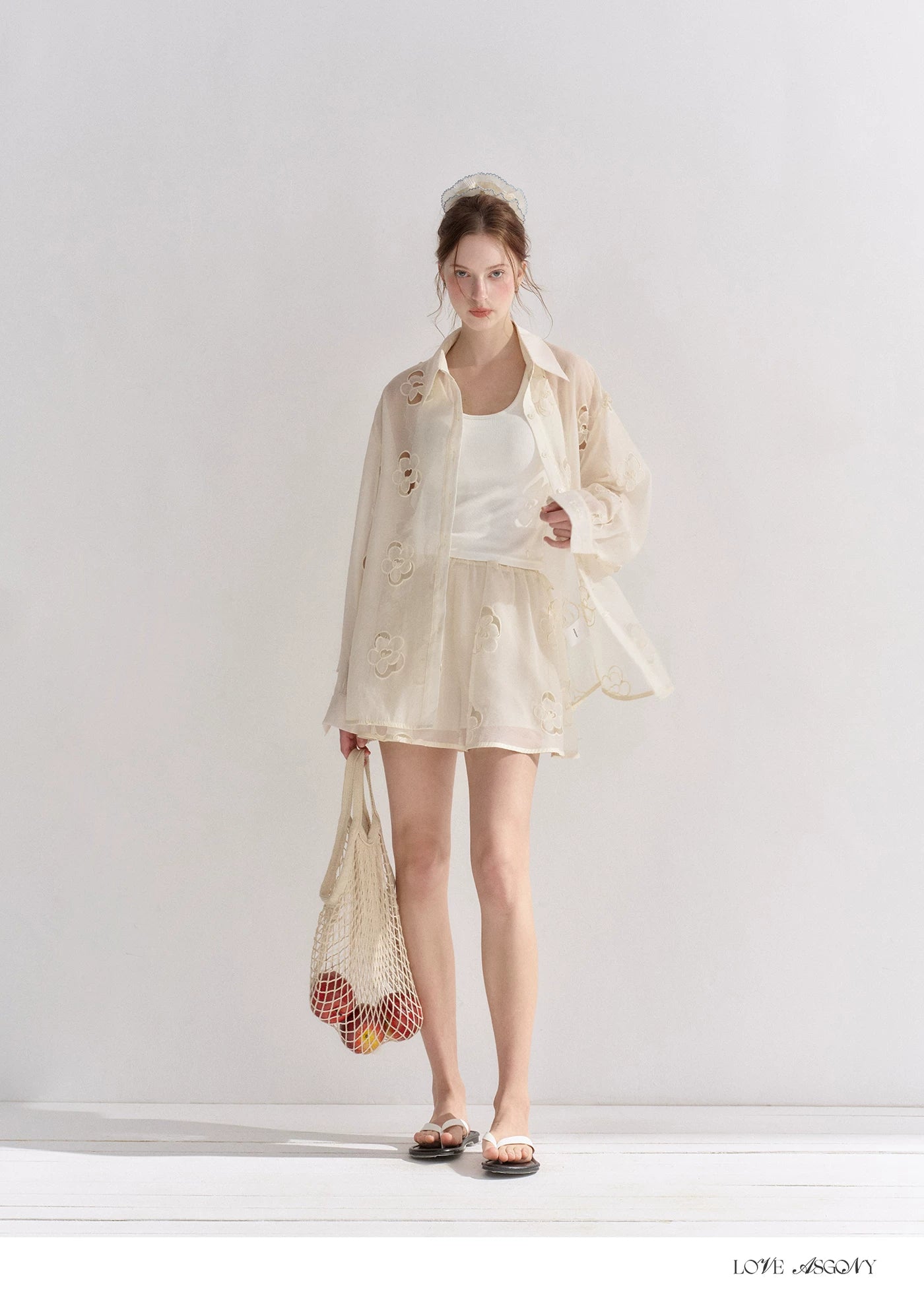 Hollow Floral Embroidered Polo Collar Two-Piece Set