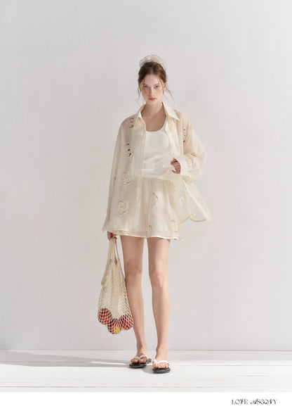 Hollow Floral Embroidered Polo Collar Two-Piece Set