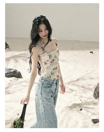 American Style Rhinestone Floral Denim Pants