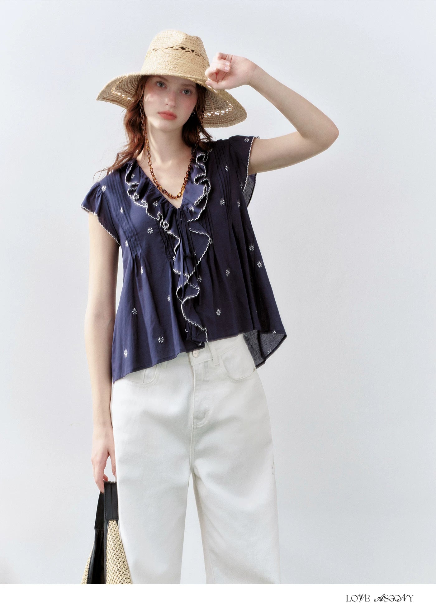 Cotton-Feel Embroidered Ruffle Sleeve Blouse