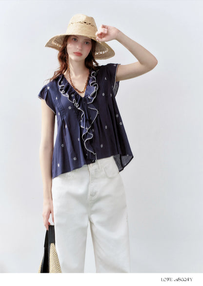 Cotton-Feel Embroidered Ruffle Sleeve Blouse
