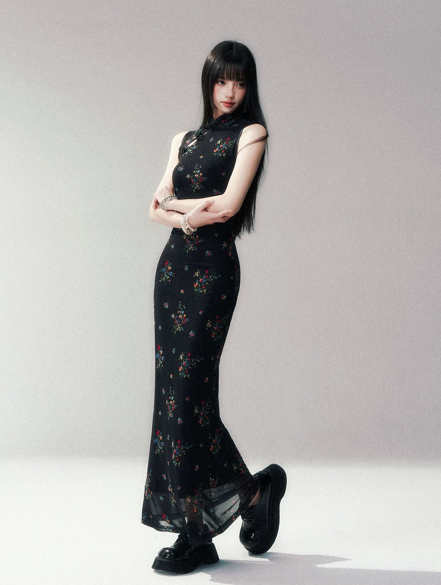 Dark Floral Mesh Qipao Dress