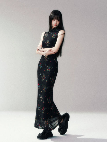 Dark Floral Mesh Qipao Dress