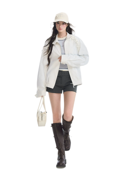 Ruffled Stand Collar Harrington Jacket