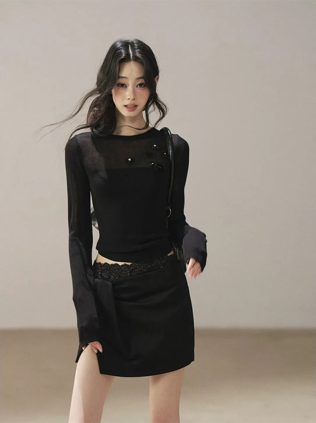Sheer Cropped Long-Sleeve Top