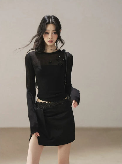 Sheer Cropped Long-Sleeve Top
