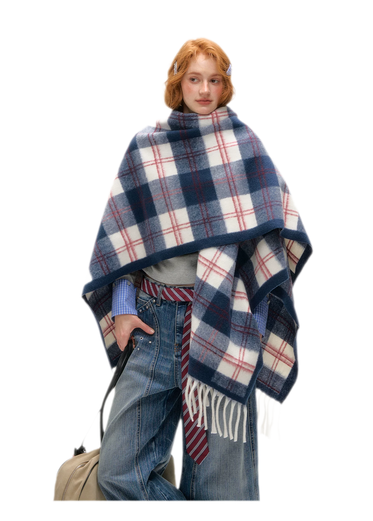 Vintage Plaid Fringed Shawl