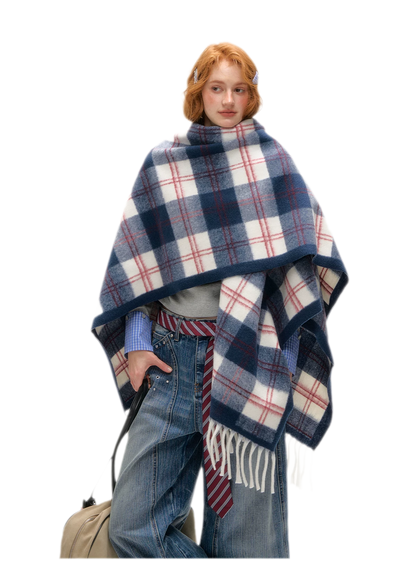 Vintage Plaid Fringed Shawl