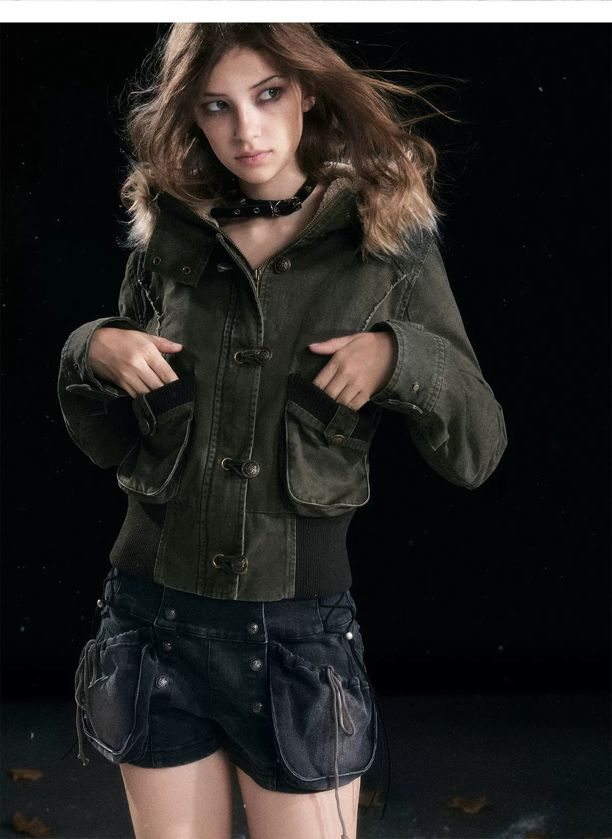 Washed Quilted Fur-Trim Hooded Jacket