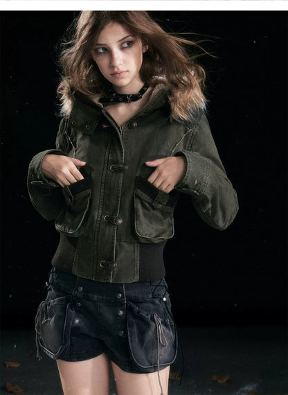 Washed Quilted Fur-Trim Hooded Jacket