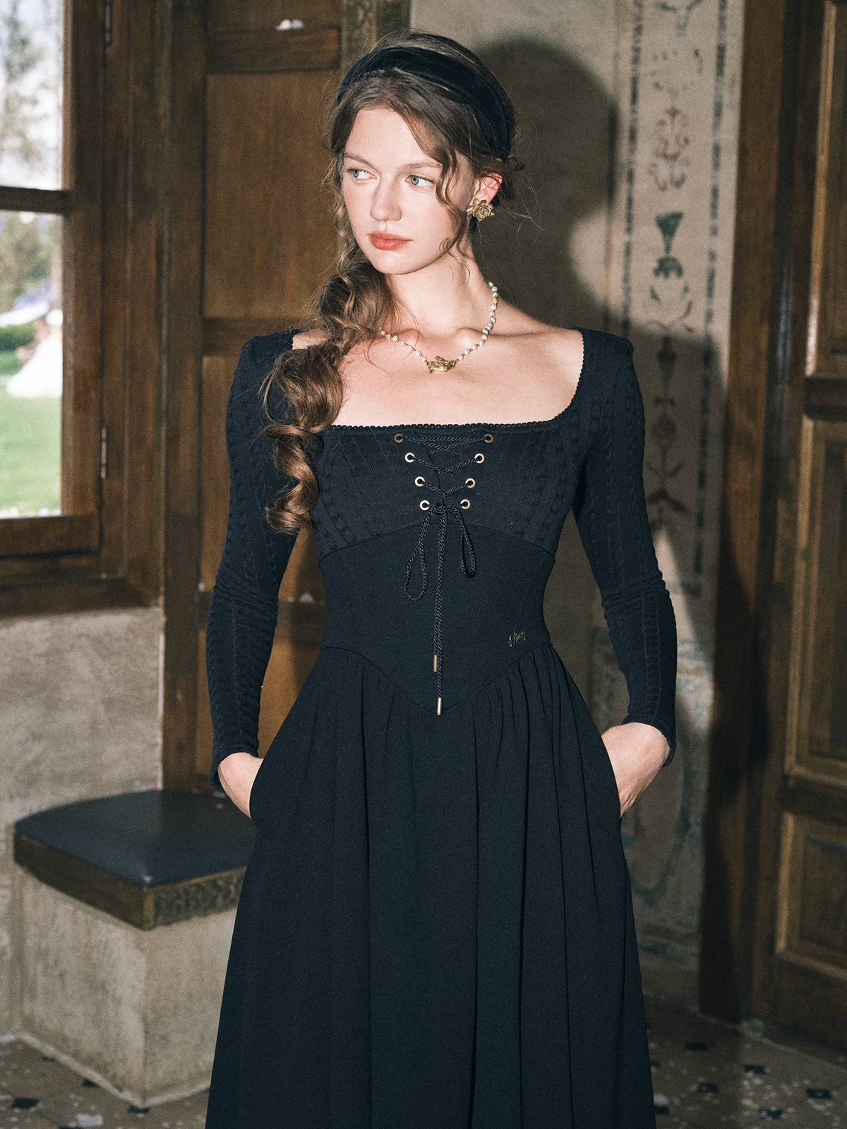 Stretch Lace-Up A-Line Dress