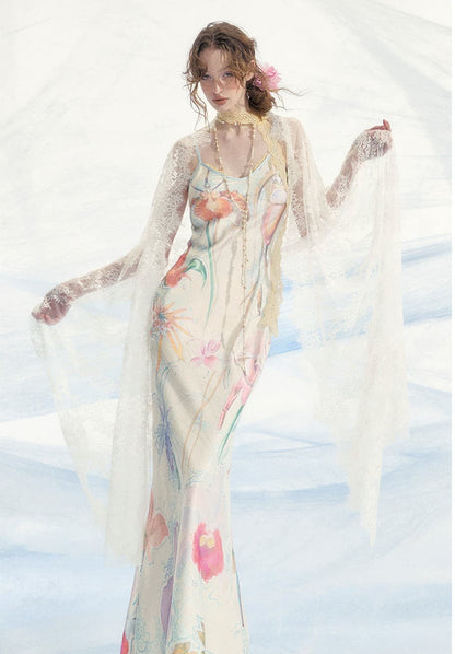 Botanical Print Bias-Cut Camisole Long Dress