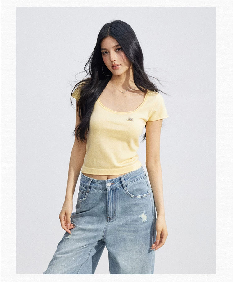 Candy Color U-Neck Short Sleeve T-Shirt