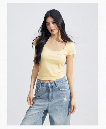 Candy Color U-Neck Short Sleeve T-Shirt
