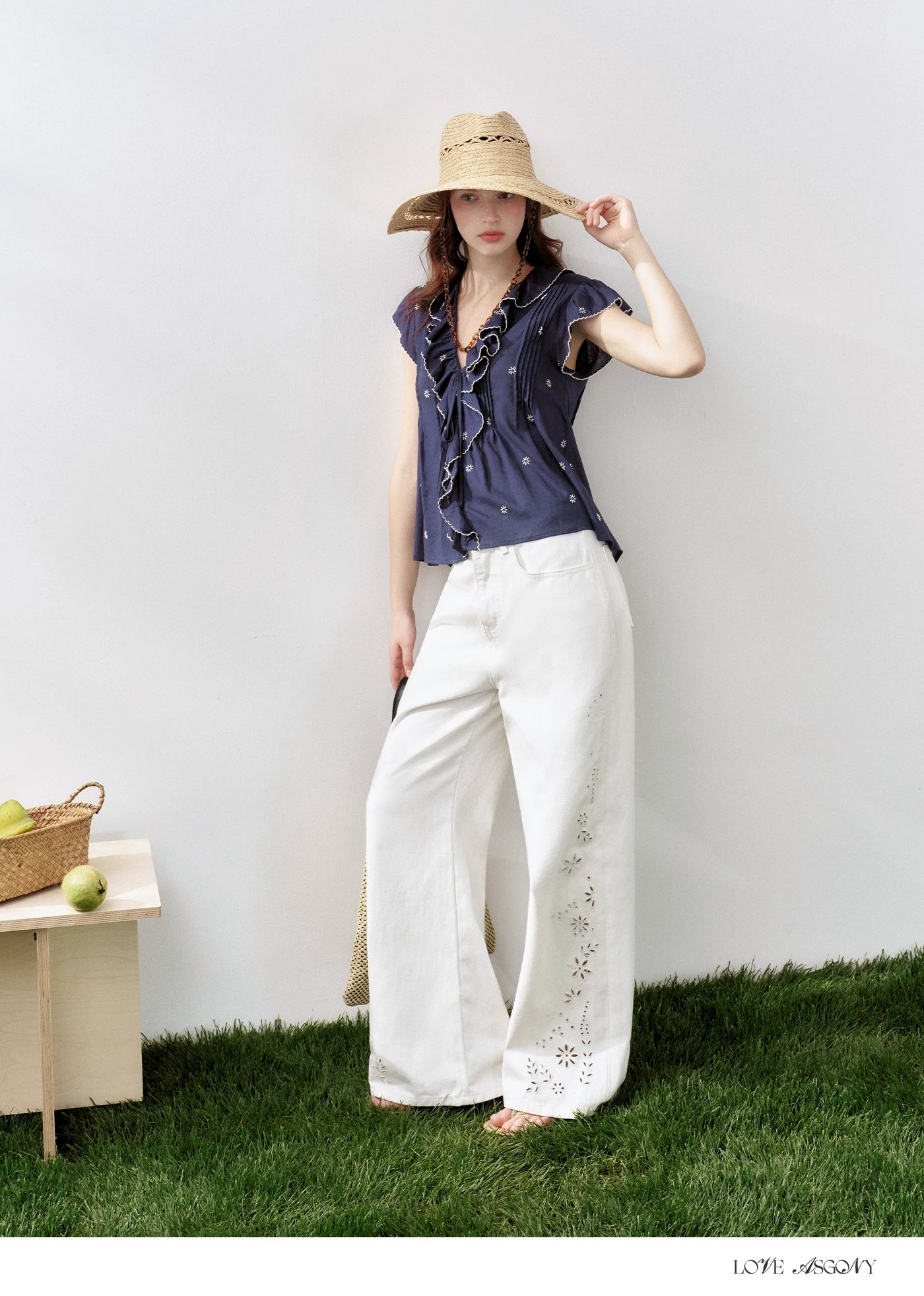 Cotton-Feel Embroidered Ruffle Sleeve Blouse