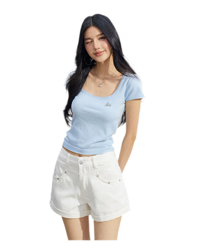 Embroidered Denim Shorts