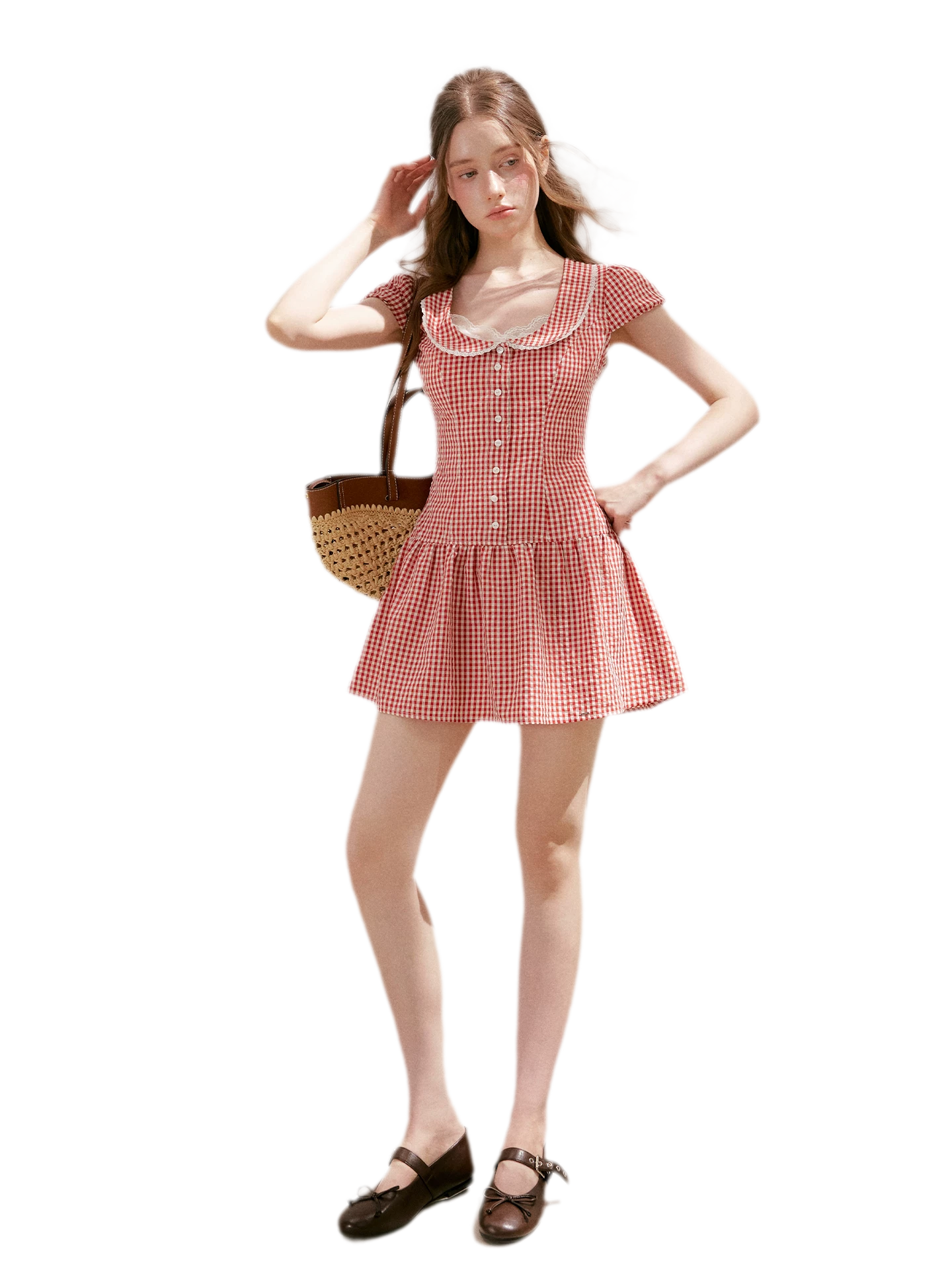 Tencel Cotton Lace Vintage Plaid Short Sleeve Dress